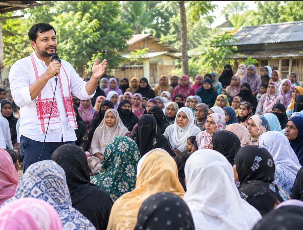 আতাউৰ ৰহমান দলগাঁওৰ এখন গাঁৱত মহিলাসকলৰ সৈতে কথা-বতৰা হৈ থাকোঁতে